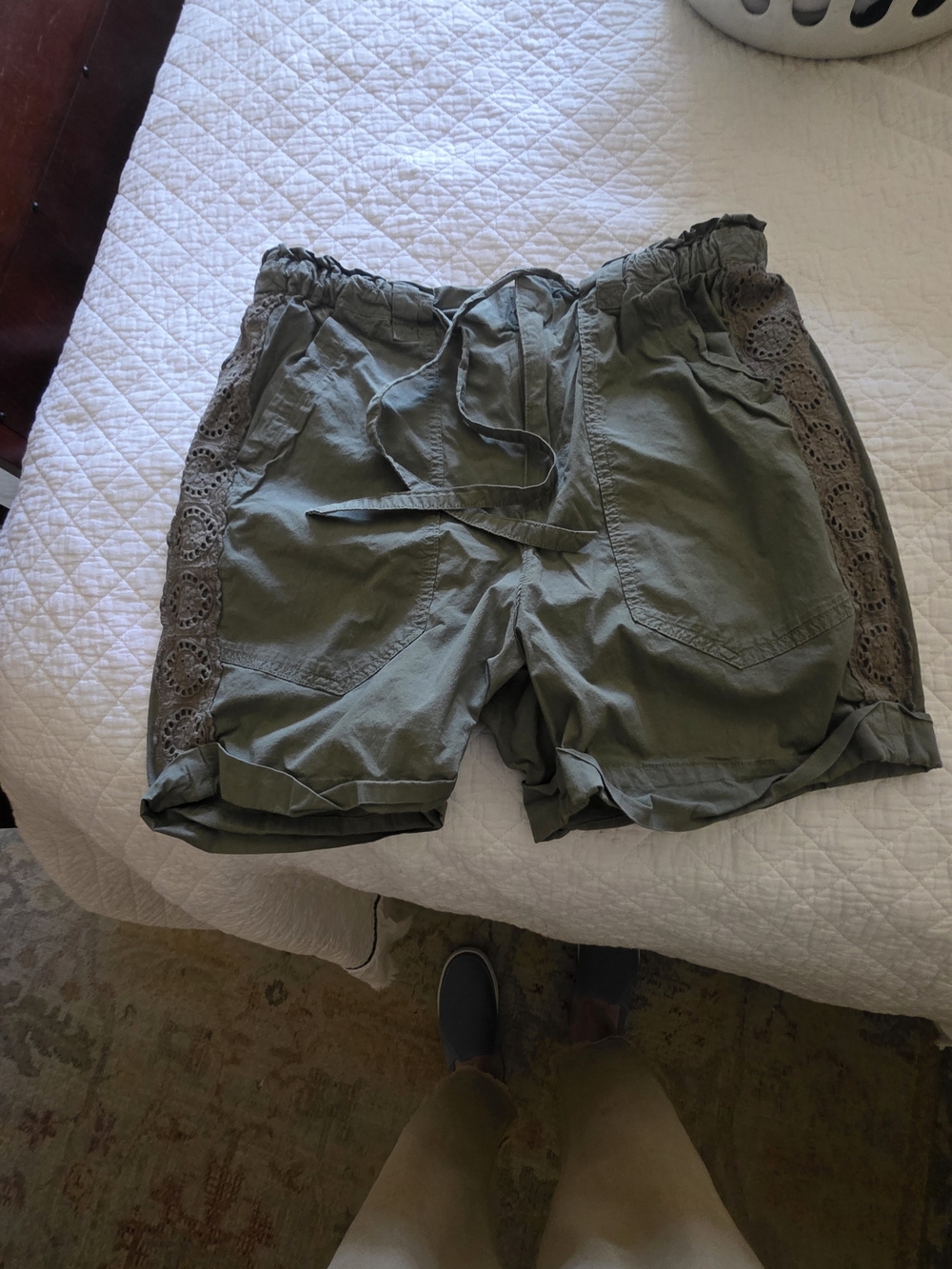 Olive Green Lace-Trim Womens Drawstring Shorts